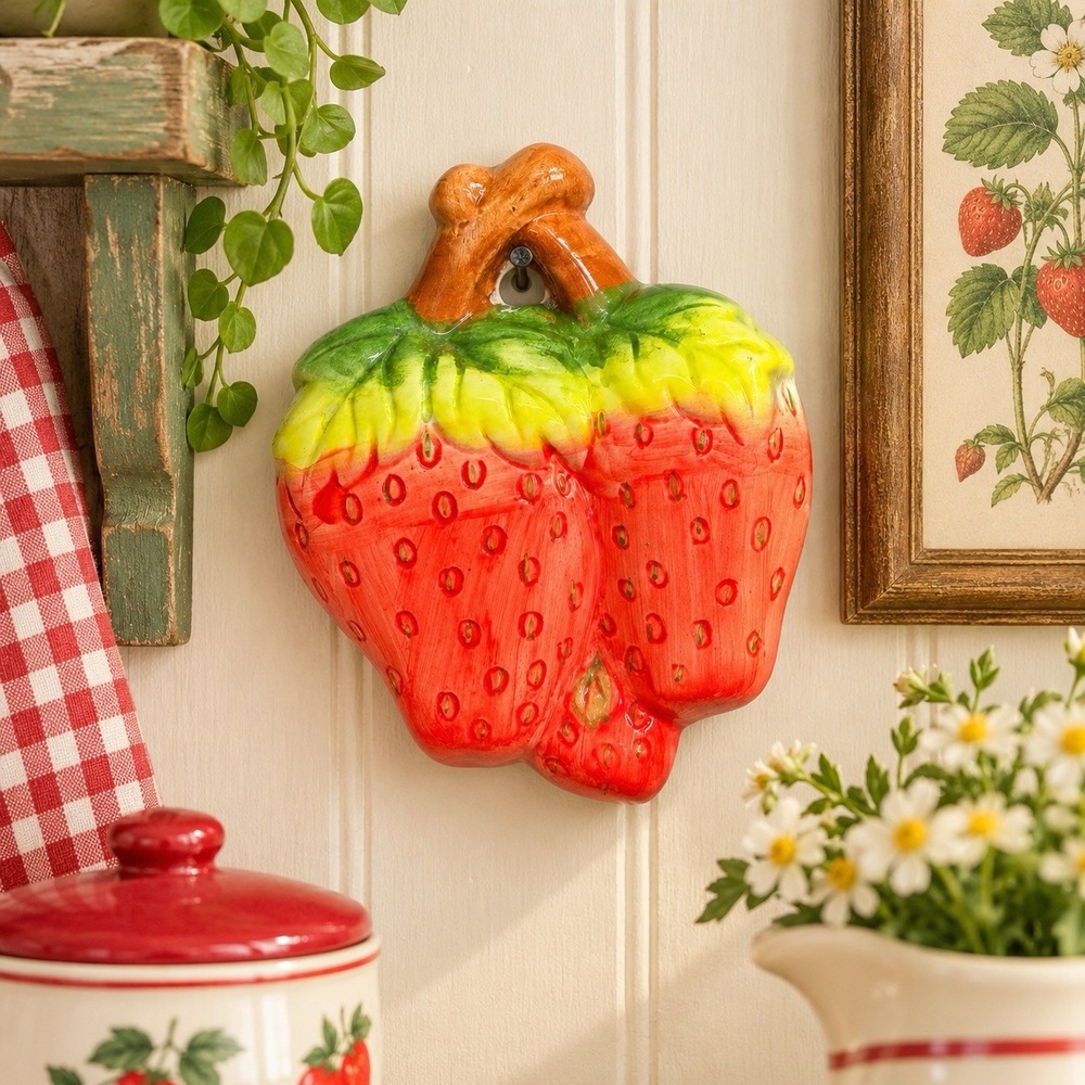 Vintage Strawberry Wall Plague 5" Hand Painted Ceramic Fruit Kitchen Decor